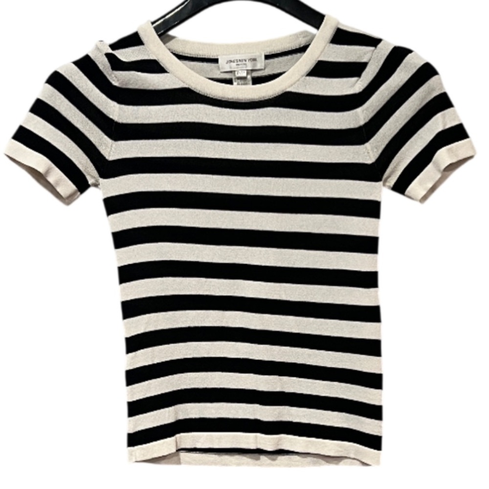 Jones NY Petite Black and White Striped Short Sleeve Top Stretchy